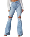 Women High Waist Ripped Denim Bell Bottom Pants