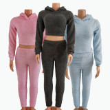 Plus Size Women Sherpa Backless Hood Top and Pant Two Piece Set