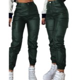 Women Zip Pleated Pockets Casual PU-Leather Pants
