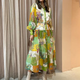 Women Chic Balloon Sleeve Turndown Collar Long Sleeve Dress