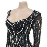 Women Solid mesh Beaded long sleeve dress