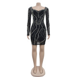 Women Solid mesh Beaded long sleeve dress