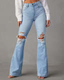 Women High Waist Ripped Denim Bell Bottom Pants
