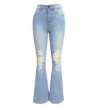 Women High Waist Ripped Denim Bell Bottom Pants