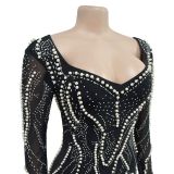 Women Solid mesh Beaded long sleeve dress