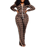Women long-sleeved color-blocked zipper top and trousers two-piece set