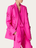 Women double-breasted floral Patchwork Blazer + high-waisted Bell Bottom pants two-piece set