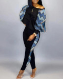 Women Long Sleeve Round Neck Print Off Shoulder Top and Pant Casual Two Piece Set