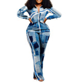 Women long-sleeved color-blocked zipper top and trousers two-piece set