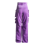 Women Fall Patchwork Pocket  Velvet Pants Straight Leg Cargo Pants
