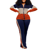 Women long-sleeved color-blocked zipper top and trousers two-piece set