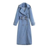 Women Loose Double Breasted Belted Denim Jacket