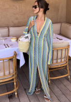 Women Contrast Color Lace Hollow Slit Maxi Dress