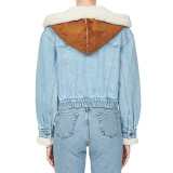Women Denim Lamb Wool Autumn and Winter Patchwork Style Single Breasted Crop Jacket