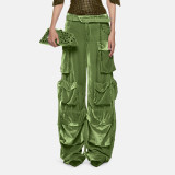 Women Fall Patchwork Pocket  Velvet Pants Straight Leg Cargo Pants
