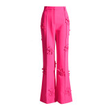 Women double-breasted floral Patchwork Blazer + high-waisted Bell Bottom pants two-piece set