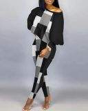 Women Long Sleeve Round Neck Print Off Shoulder Top and Pant Casual Two Piece Set