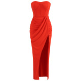 Women Sexy Strapless Backless Skirt Ruffled Slit Dress