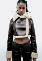 Winter Women Turndown Collar Lamb Wool PU-Leather Crop Jacket Winter Women Turndown Collar Lamb Wool PU-Leather Crop Jacket