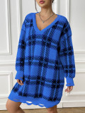 Women Autumn and Winter Contrast Color Patchwork Plaid Long Sleeve Casual Sweater Dress