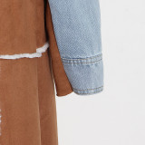 Women Autumn/Winter Turndown Collar Long Sleeve Lace-Fly Lamb Maxi Colorblock Denim Coat