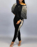 Women Long Sleeve Round Neck Print Off Shoulder Top and Pant Casual Two Piece Set