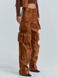 Women Pockets Style Loose Cargo PU-Leather Pant
