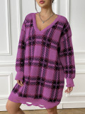 Women Autumn and Winter Contrast Color Patchwork Plaid Long Sleeve Casual Sweater Dress