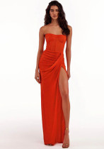 Women Sexy Strapless Backless Skirt Ruffled Slit Dress Women Sexy Strapless Backless Skirt Ruffled Slit Dress