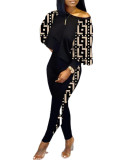 Women Long Sleeve Round Neck Print Off Shoulder Top and Pant Casual Two Piece Set