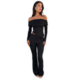 Women Irregular Off Shoulder Turndown Collar Top and Bell Bottom Pants Two-piece Set