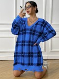 Women Autumn and Winter Contrast Color Patchwork Plaid Long Sleeve Casual Sweater Dress