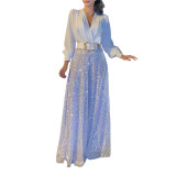 Women V-neck long-sleeved and sequined wide-leg Jumpsuit （with Belt）