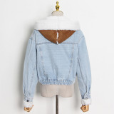 Women Denim Lamb Wool Autumn and Winter Patchwork Style Single Breasted Crop Jacket