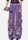 Women Fall Patchwork Pocket  Velvet Pants Straight Leg Cargo Pants