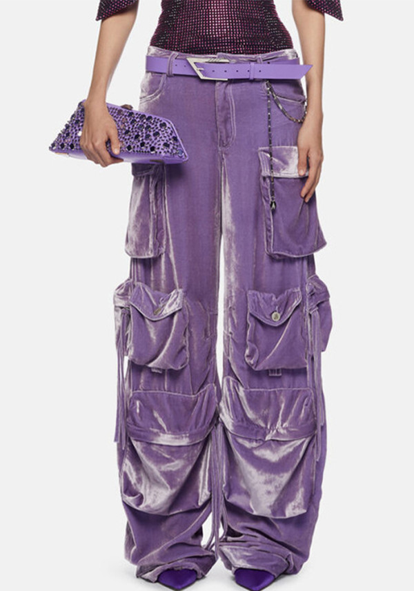 Women Fall Patchwork Pocket Velvet Pants Straight Leg Cargo Pants