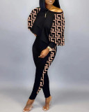 Women Long Sleeve Round Neck Print Off Shoulder Top and Pant Casual Two Piece Set