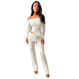 Women Irregular Off Shoulder Turndown Collar Top and Bell Bottom Pants Two-piece Set
