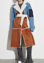 Women Autumn/Winter Turndown Collar Long Sleeve Lace-Fly Lamb Maxi Colorblock Denim Coat