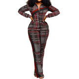 Women long-sleeved color-blocked zipper top and trousers two-piece set