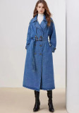 Women Loose Double Breasted Belted Denim Jacket