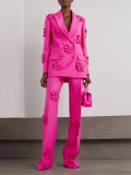 Women double-breasted floral Patchwork Blazer + high-waisted Bell Bottom pants two-piece set