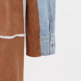 Women Autumn/Winter Turndown Collar Long Sleeve Lace-Fly Lamb Maxi Colorblock Denim Coat