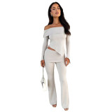 Women Irregular Off Shoulder Turndown Collar Top and Bell Bottom Pants Two-piece Set