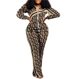 Women long-sleeved color-blocked zipper top and trousers two-piece set