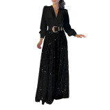 Women V-neck long-sleeved and sequined wide-leg Jumpsuit （with Belt）