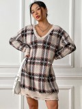 Women Autumn and Winter Contrast Color Patchwork Plaid Long Sleeve Casual Sweater Dress