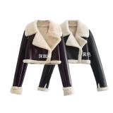 Winter Women Turndown Collar Lamb Wool PU-Leather Crop Jacket