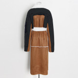 Women Autumn/Winter Turndown Collar Long Sleeve Lace-Fly Lamb Maxi Colorblock Denim Coat