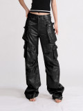 Women Pockets Style Loose Cargo PU-Leather Pant